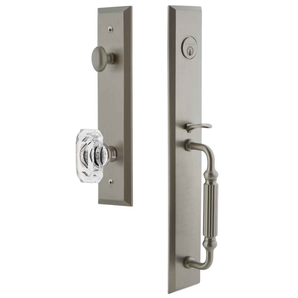 Grandeur by Nostalgic Warehouse FAVFGRBCC Fifth Avenue One-Piece Handleset with F Grip and Baguette Clear Crystal Knob in Satin Nickel
